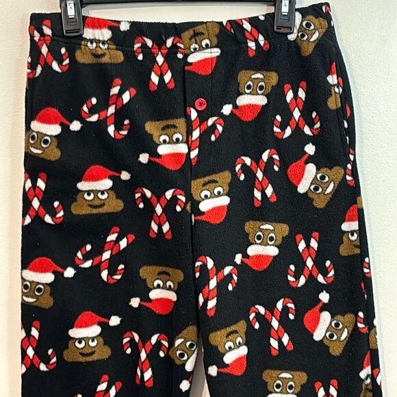 Christmas Holiday Black Red Pjs Fleece Pajama Pants Candy Canes Poop Emoji - Picture 3 of 7